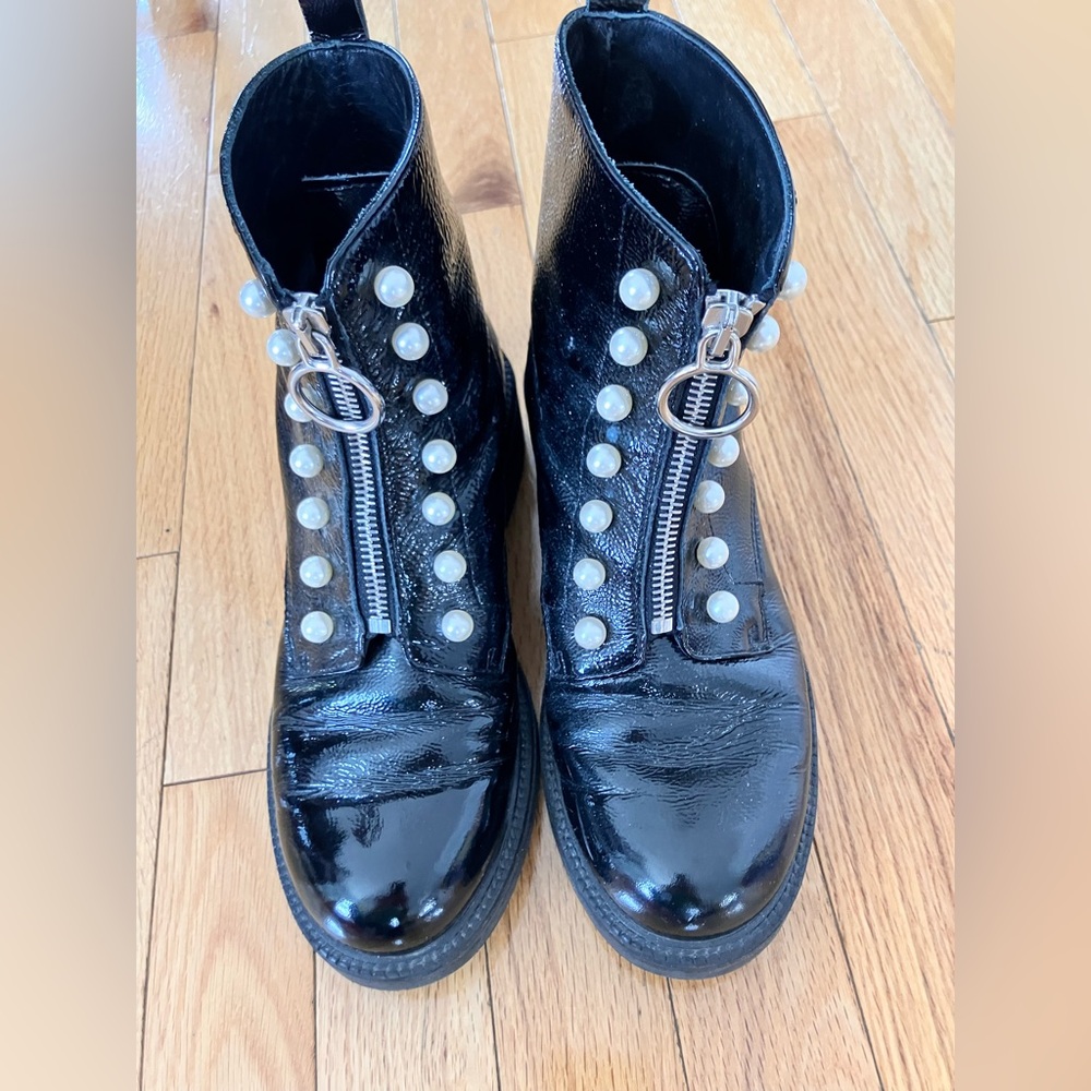Glossy Black Combat Boots with Pearl Accents